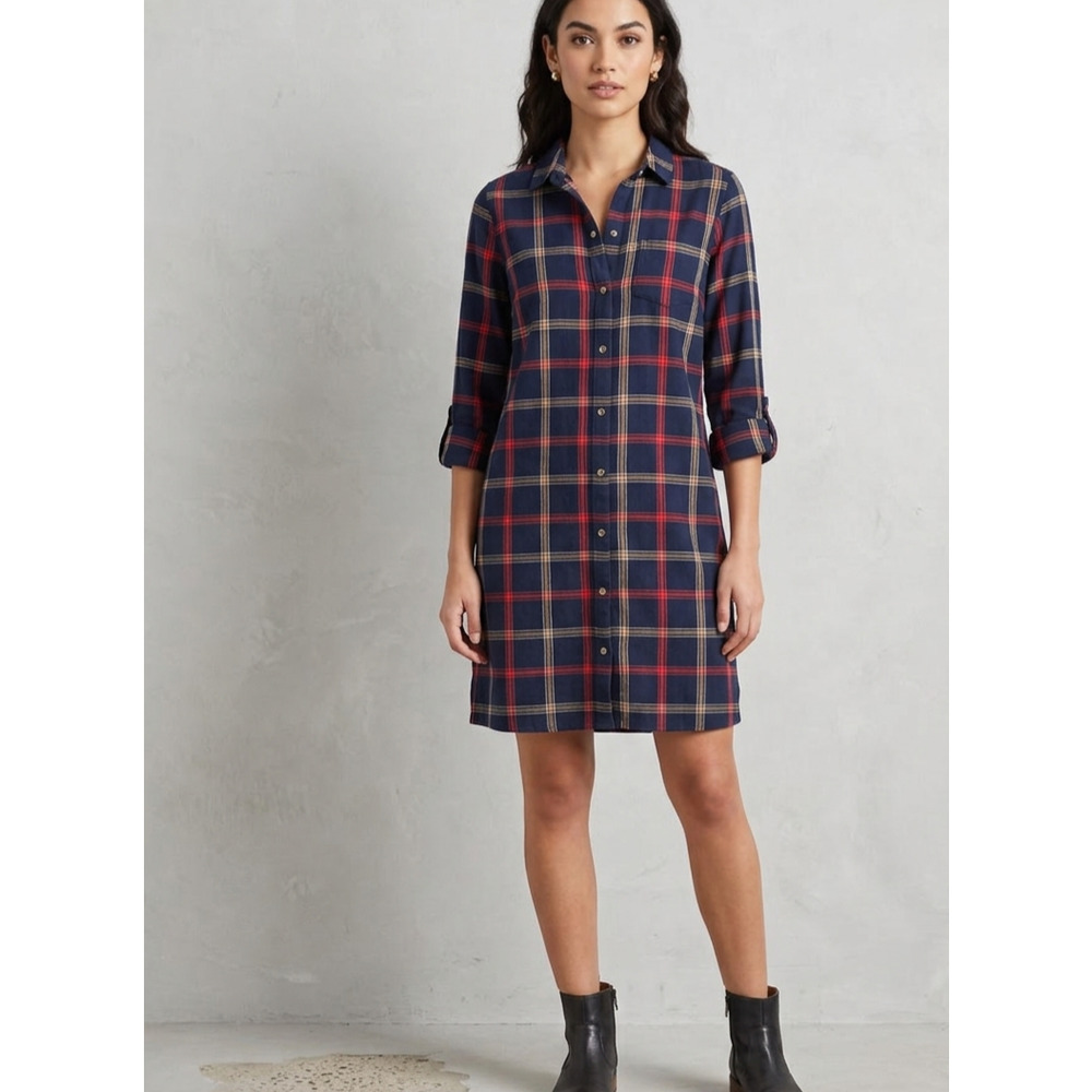 Tommy Hilfiger Plaid Preppy Flannel Button Front Mini Shirt Dress Navy Red M